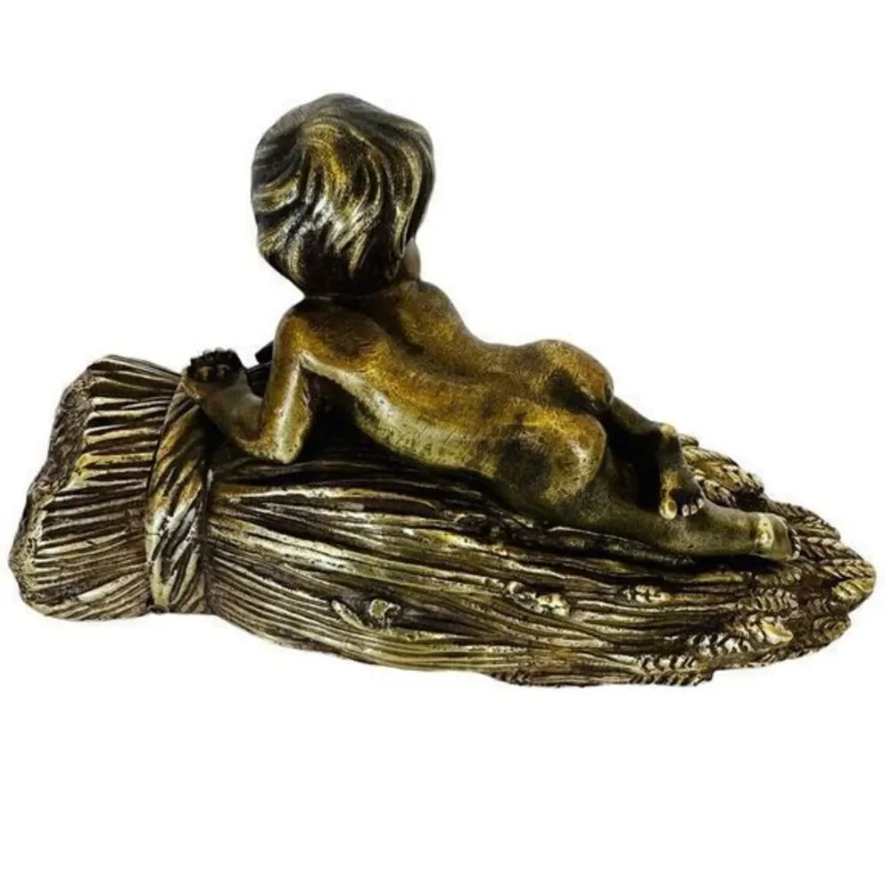 French Bronze and Gilt Metal Box Child & Bird On Wheat Bundle‎ Vintage